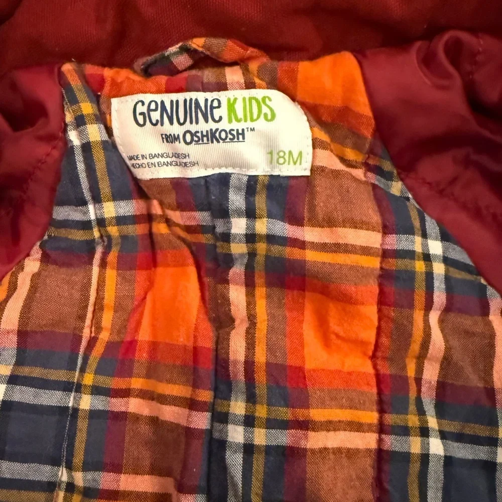 OshKosh B'gosh Red Hooded Plaid Lined Toggle & Zip Cozy Jacket 18M Fisherman